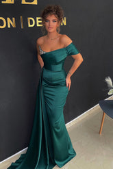 Dark Green One Shoulder Mermaid Prom Dresses With Ruffles Beads