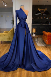 Dark Royal Blue Ruffles Side-cut Overskirt Prom Dress One shoulder
