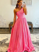 A-Line One Shoulder Sequins Prom Dress with Pockets