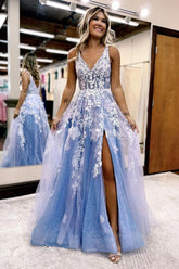 A Line Deep V Neck Blue Long Prom Dress with Appliques