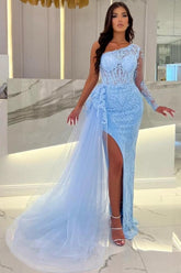 Dbrbridal Column Long Slit Front Sky Blue Tulle One Shoulder Long Sleeve Prom Gown with Lace