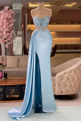 Dbrbridal Column Slit Front Long Sweetheart Strapless Sleeveless Sky Blue Ruffle Stain Prom Gown with Beadings