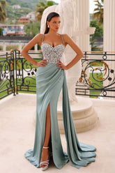 Dbrbridal Column Trendy Sleeveless Spaghetti Straps Sweetheart Slit Front Ruffles Stain Prom Gown with Beadings