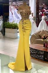 Dbrbridal Column Yellow Sleeveless Off-The-Shoulder Stain Long Sweetheart Prom Gown with Beadings