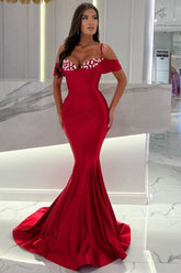 Dbrbridal Mermaid Red Spaghetti Straps Sweetheart Off-The-Shoulder Long Stain Prom Gown with Ruffles