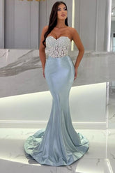 Dbrbridal Mermaid Sky Blue Stain Sleeveless Sweetheart Long Prom Dress with Beadings