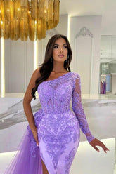 Dbrbridal One Shoulder Column Long Sleeve Slit Front Tulle Long Prom Gown with Lace