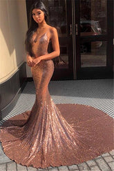 Bmbridal Spaghetti-Straps Mermaid Sequins Long Evening Prom Dress Sleeveless