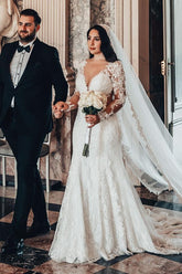 Bmbridal V-Neck Long Sleeves Mermaid Wedding Dress Lace Online