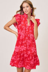 Full Size Floral Print Ruffle Cap Sleeve Mini Vacation Dress