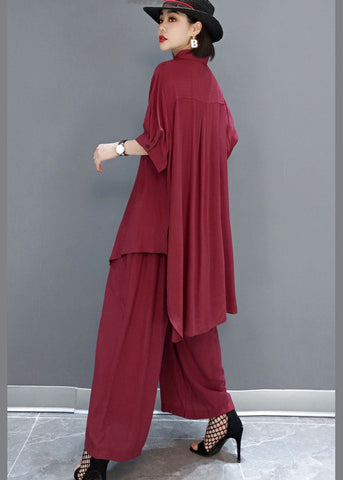 Boho Red Peter Pan Collar shirt wide leg pants Satin Two Pieces Set Spring Boho Red Peter Pan Collar shirt wide leg pants Satin Two Pieces Set Spring