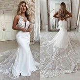 Bmbridal White Mermaid Wedding Dress Lace Backless