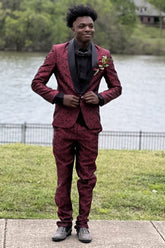 Burgundy Jacquard Shawl Lapel 2 Pieces Men's Prom Suits
