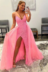 Sparkly Detachable Train Sequins Prom Dress with Slit