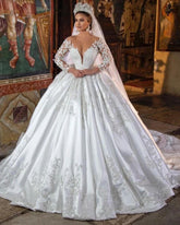 Bmbridal Long Sleeves Ball Gown Wedding Dress V-Neck With Lace Appliques