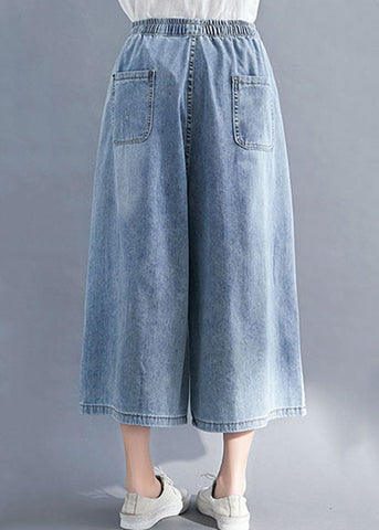 Bohemian Blue Embroideried Pockets Patchwork Denim Wide Leg Pants Summer Bohemian Blue Embroideried Pockets Patchwork Denim Wide Leg Pants Summer