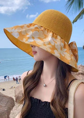 Chic Yellow Print Patchwork Knit Floppy Sun Hat