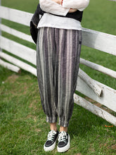 Plus Size Women Retro Stripe Yarn-dyed Pocket Loose Linen Harem Pants