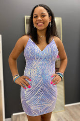 Sheath Spaghetti Straps Blue Short Homecoming Dress with Appliques