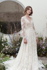 Bmbridal Long Sleeves Beach Lace Wedding Dress Boho Bridal Wear