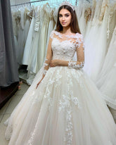 BMbridal Long Sleeves Princess Ball Gown Wedding Dress With Lace Appliques