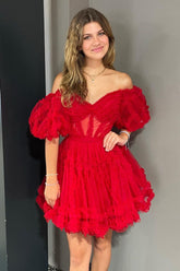 Cute A Line Off the Shoulder Red Tulle Corset Homecoming Dress