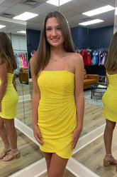 Sparkle 'til Dawn Bodycon Strapless Yellow Sequins Short Homecoming Dress