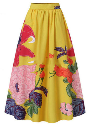 Bohemian Yellow High Waist Pockets Floral Print Cotton A Line Skirt Summer Bohemian Yellow High Waist Pockets Floral Print Cotton A Line Skirt Summer