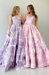 A-Line Sweetheart Floral Printed Long Prom Dresses