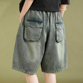 Women Summer Loose Retro Embroidery Denim Shorts