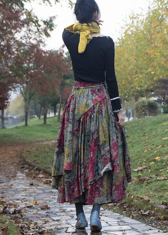 Bohemian Print Wrinkled Asymmetrical Patchwork Cotton Skirts Fall Bohemian Print Wrinkled Asymmetrical Patchwork Cotton Skirts Fall