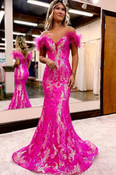 Mermaid Off the Shoulder Fuchsia Long Prom Dress with Feathers
