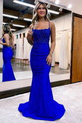 Mermaid Spaghetti Straps Royal Blue Long Prom Dress with Appliques