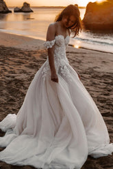 Bmbridal Off-the-Shoulder Tulle Wedding Dress Lace Appliques Long