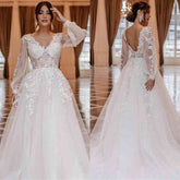 Bmbridal Long Sleeve Wedding Dress V-Neck With Lace Appliques