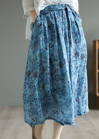 Blue Print Pockets Patchwork Linen Skirt Wrinkled Tie Waist Summer Blue Print Pockets Patchwork Linen Skirt Wrinkled Tie Waist Summer