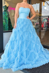 Elegant A Line Strapless Blue Long Prom Dress with Ruffles
