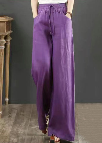Boho Purple Pockets Elastic Waist Cotton Wide Leg Pants Summer Boho Purple Pockets Elastic Waist Cotton Wide Leg Pants Summer