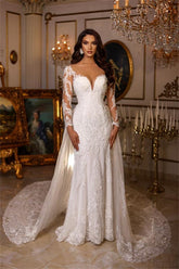 Bmbridal Long Sleeves Mermaid Wedding Dress Lace With Ruffles