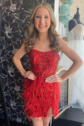 Hot Selling Sheath Spaghetti Straps Red Short Homecoming Dress with Feather