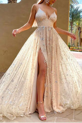 Elegant V-Neck Prom Dress Sequins Long Ball Dresses Split Spaghetti-Straps