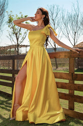 Elegant Yellow One Shoulder Long Evening Dress With Slit