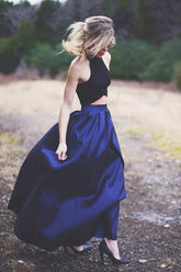 Two Piece Halter Satin Long Prom Dress, Formal Dresses