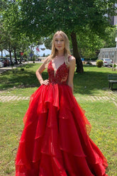 Excellent Long A-line V-neck Organza Backless Red Prom Dress