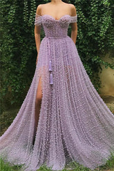 Exquisite Sweetheart Front Slit Long Affordable Tulle Pearls Off-the-Shoulder Prom Dress