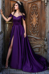 A Line Off the Shoulder Purple Long Prom Dress with Split Front