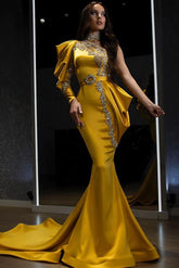 Bmbridal Gold One Shoulder Mermaid Evening Dress Long Sleeve With Beads