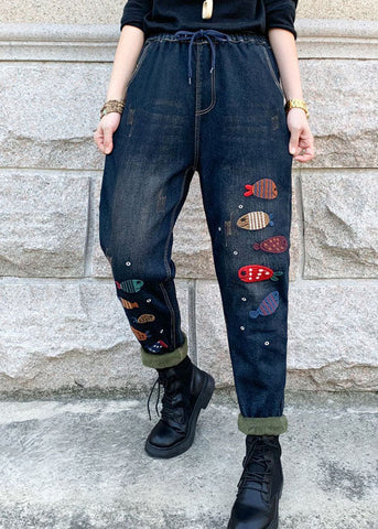 Boho Blue Embroideried elastic waist denim Pants Winter Boho Blue Embroideried elastic waist denim Pants Winter
