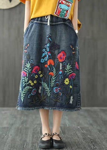 Boho Dark Blue Embroideried Tasseled A Line Summer Skirts Denim Boho Dark Blue Embroideried Tasseled A Line Summer Skirts Denim