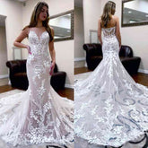 Bmbridal Mermaid Lace Wedding Dress Sleeveless With Appliques